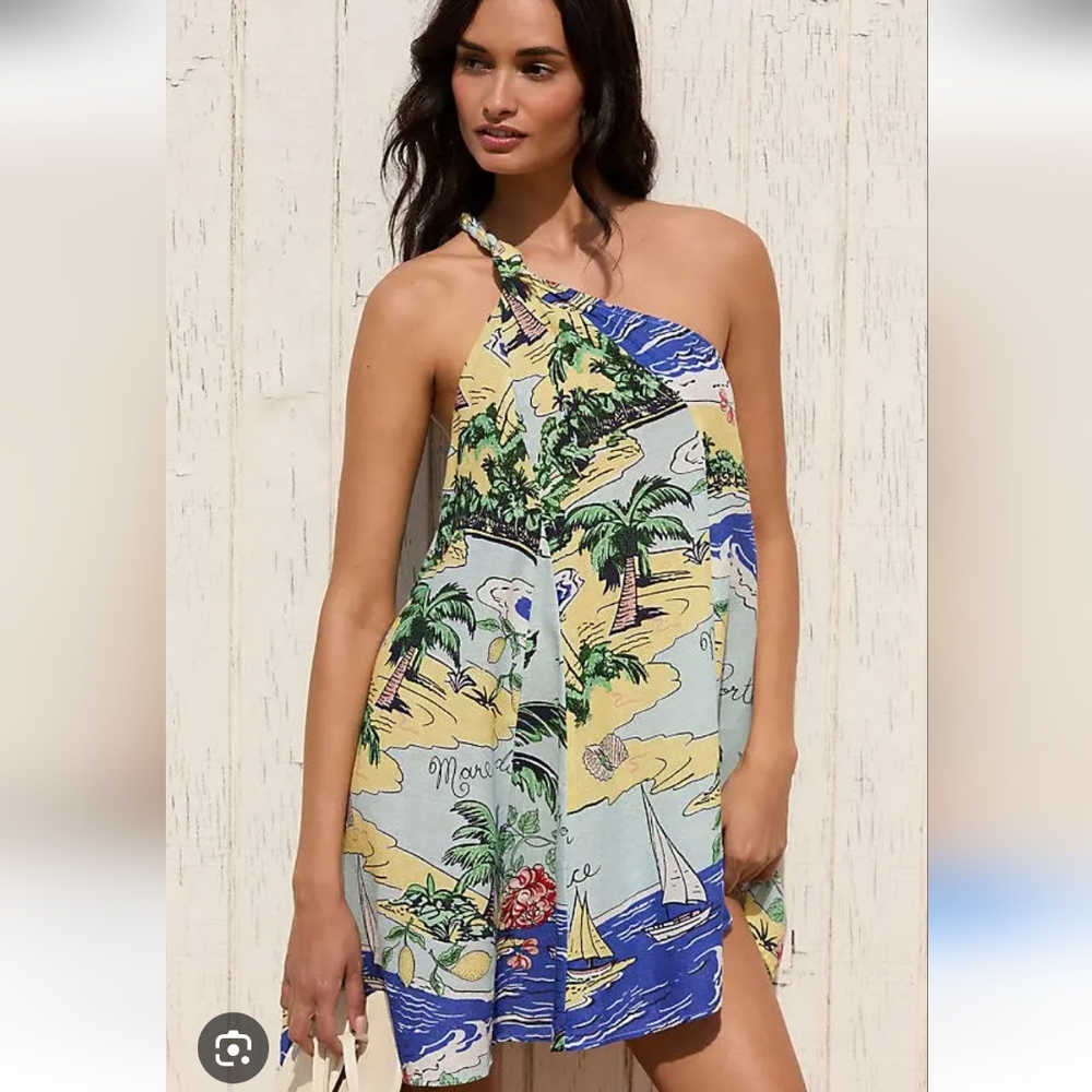 NWT Anthro Celandine Asymmetrical Linen Blend Mini Dress Tropical Beach Print L